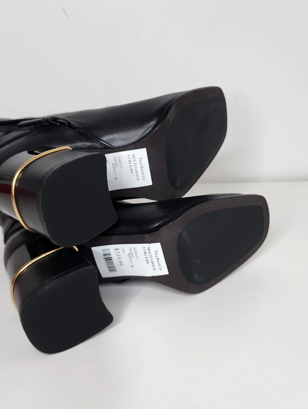 Tory Burch Multi Logo Buckle Black Leather Womens Ankle Boots with Gold Accent